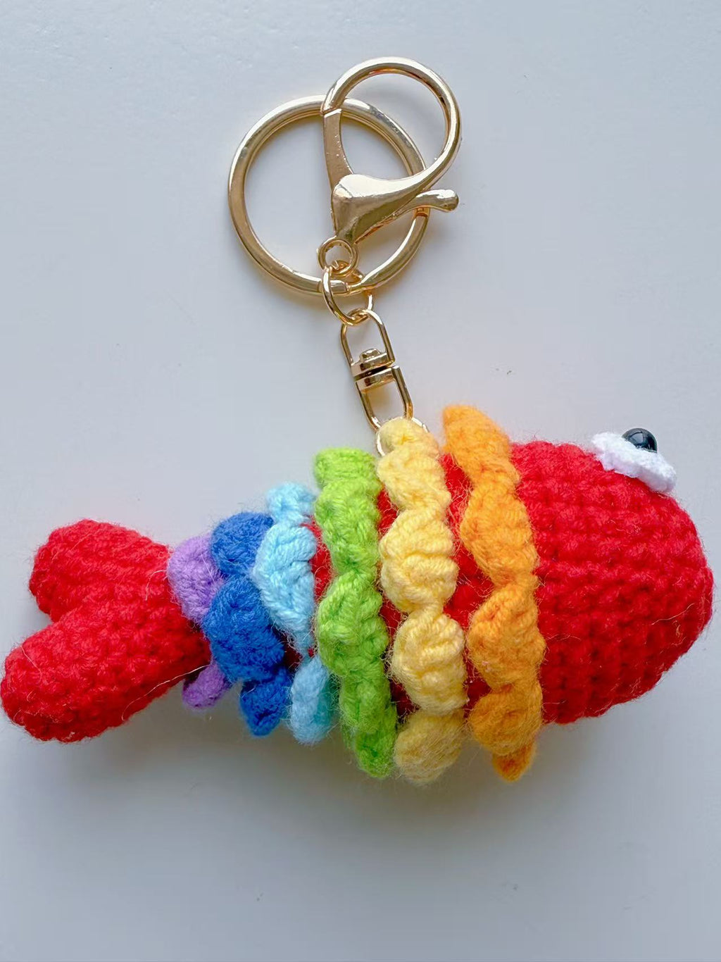 Crocheted Rainbow Fish Keychain, Amigurumi Bag Charm, Cotton Yarn Accessory, Nautical Purse Dangle