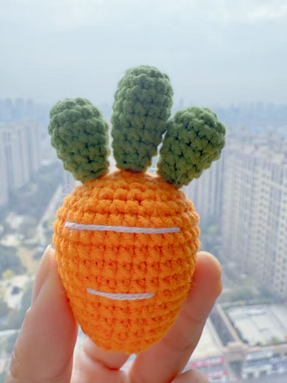 Hand-Crocheted Carrot Amigurumi, Three-Top Plush Vegetable Toy, Cotton Yarn Decor