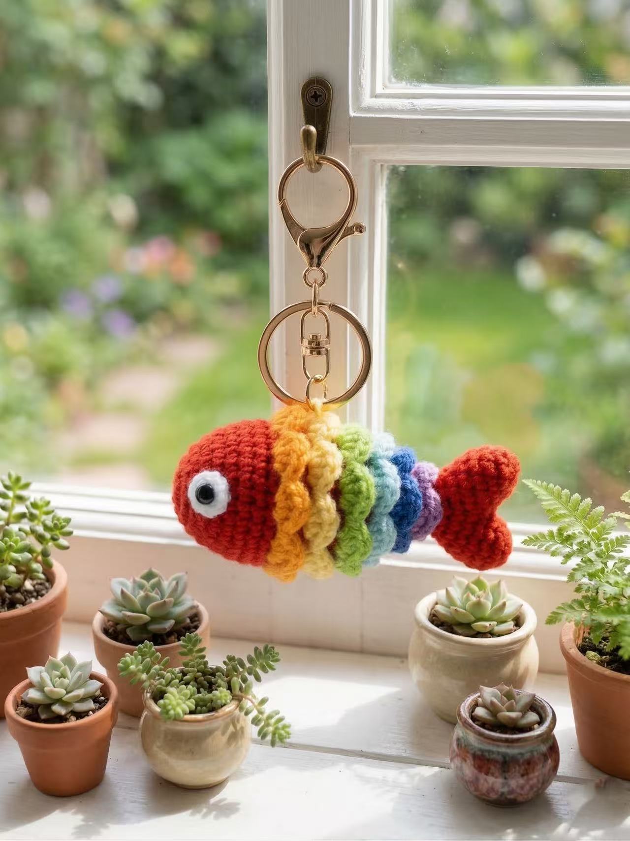 Crocheted Rainbow Fish Keychain, Amigurumi Bag Charm, Cotton Yarn Accessory, Nautical Purse Dangle