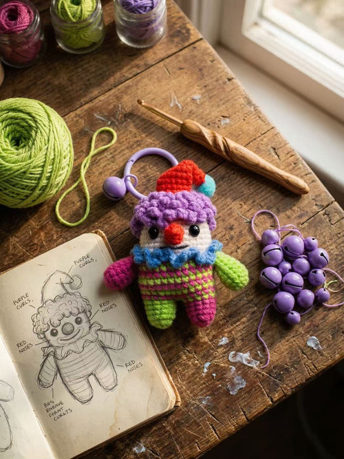 Crochet Clown Charm, Handmade Kawaii Amigurumi Circus Keyring, Purple Bell Accessory