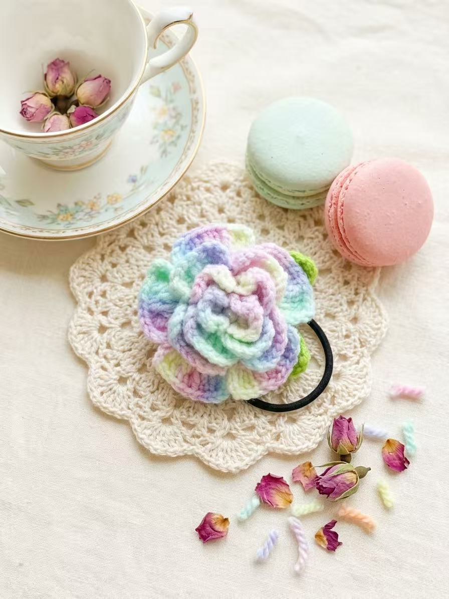 Hand-Crocheted Rose Hair Tie, Pastel Boho Scrunchie, Floral Ponytail Holder