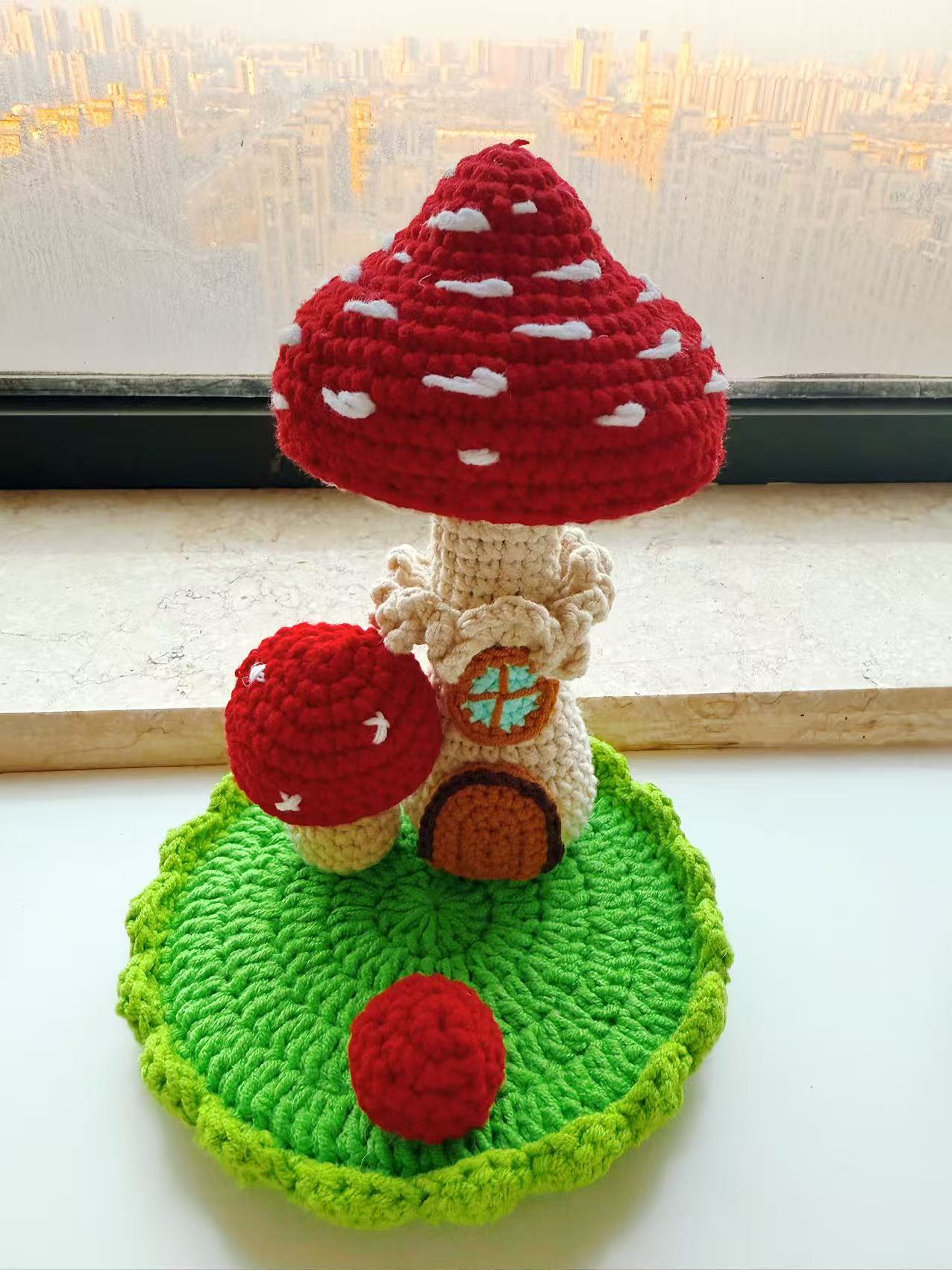 Handmade Crochet Mushroom House Phone Stand, Cute Amigurumi Cell Phone Holder for Desk, Cottagecore Mushroom Decor, Unique Fairy Garden Gift