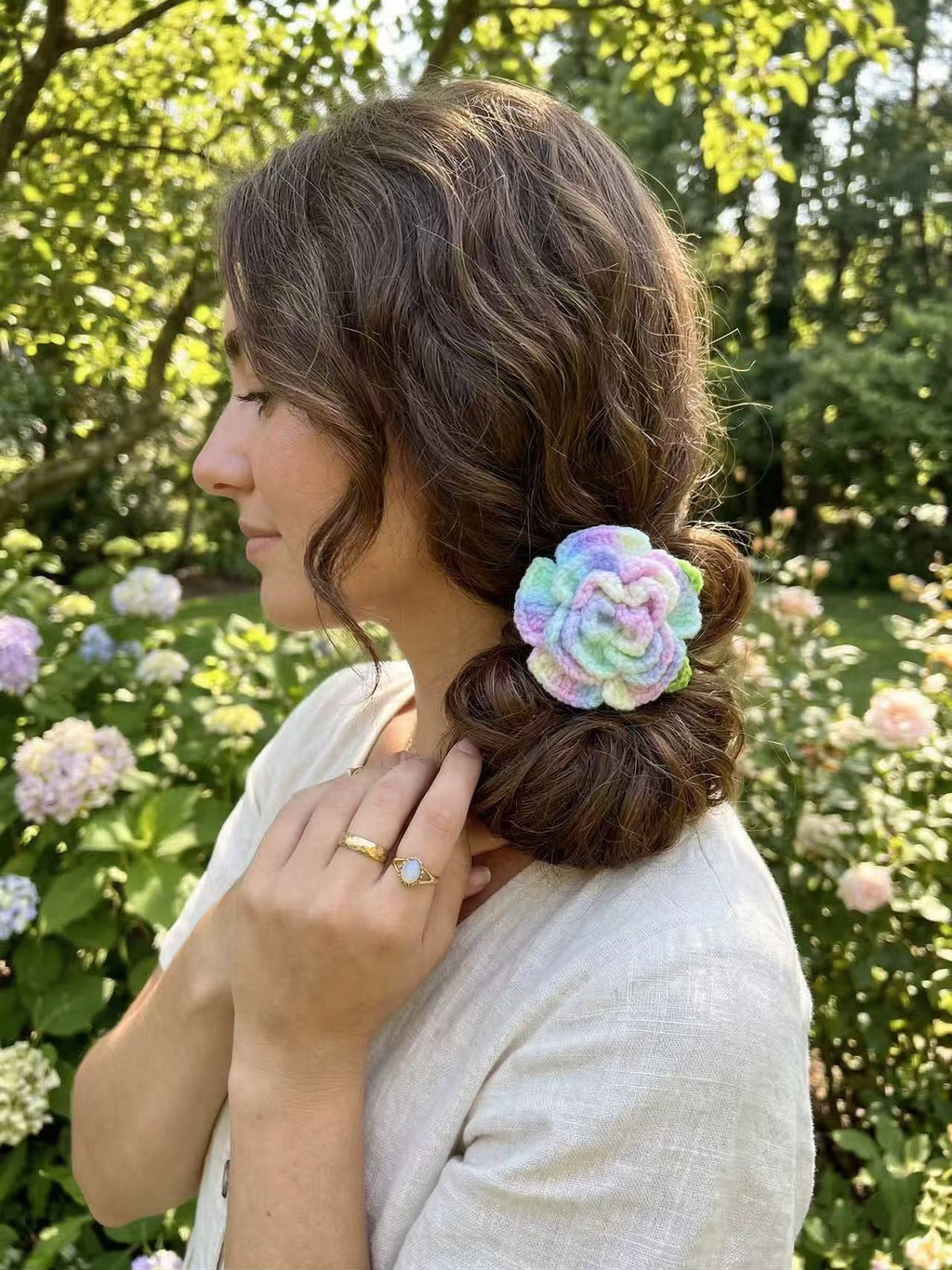 Hand-Crocheted Rose Hair Tie, Pastel Boho Scrunchie, Floral Ponytail Holder