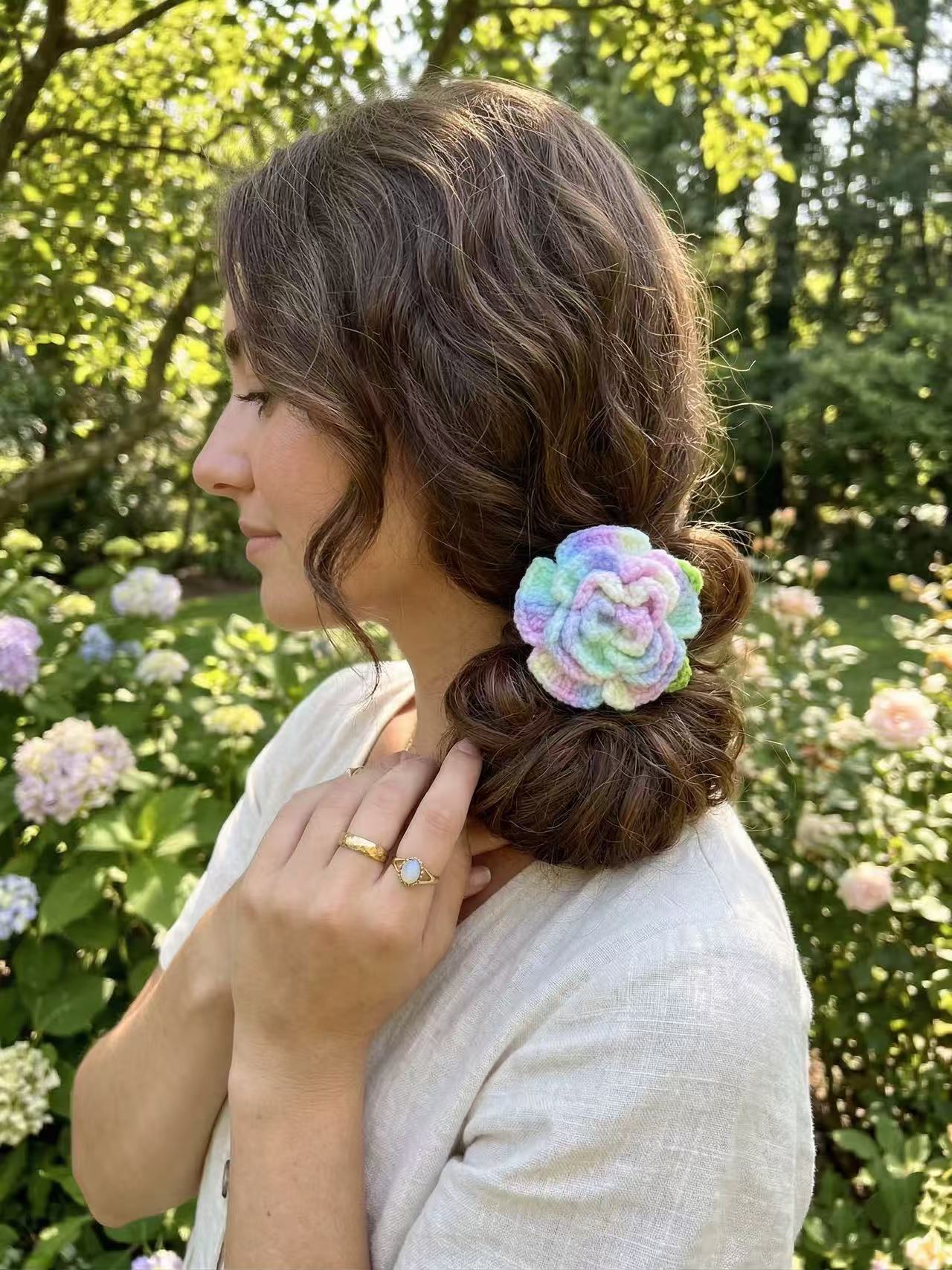 Hand-Crocheted Rose Hair Tie, Pastel Boho Scrunchie, Floral Ponytail Holder