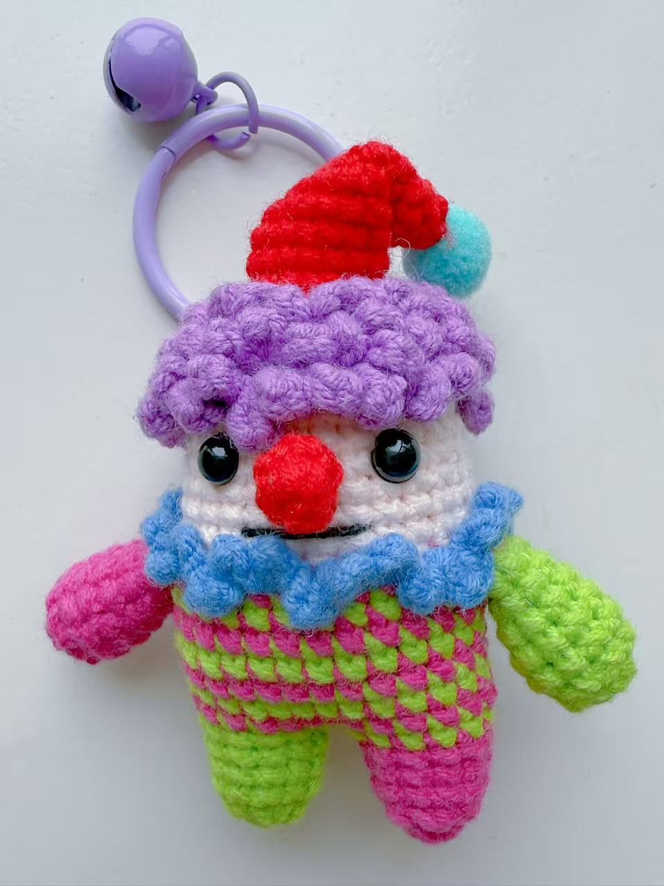 Crochet Clown Charm, Handmade Kawaii Amigurumi Circus Keyring, Purple Bell Accessory