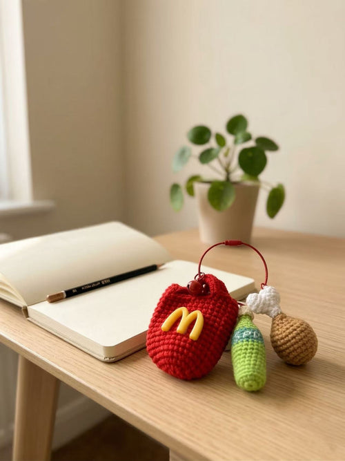 Crochet McDonald's Charm Set, Amigurumi Food Keychain, Chicken Leg Soda Pendant