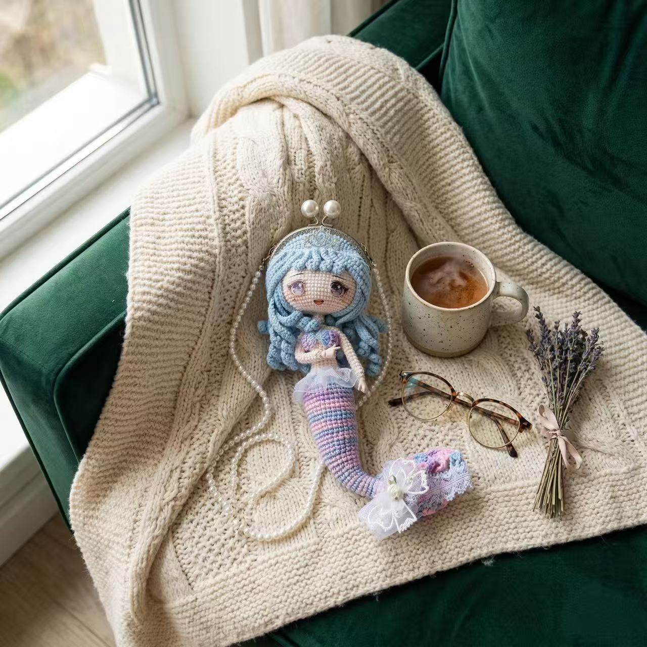 Handmade Crochet Mermaid Doll Purse, Kawaii Amigurumi Bag Pearl Strap, Pink Blue Gradient Shoulder Bag, Whimsical Fairycore Gift for Her