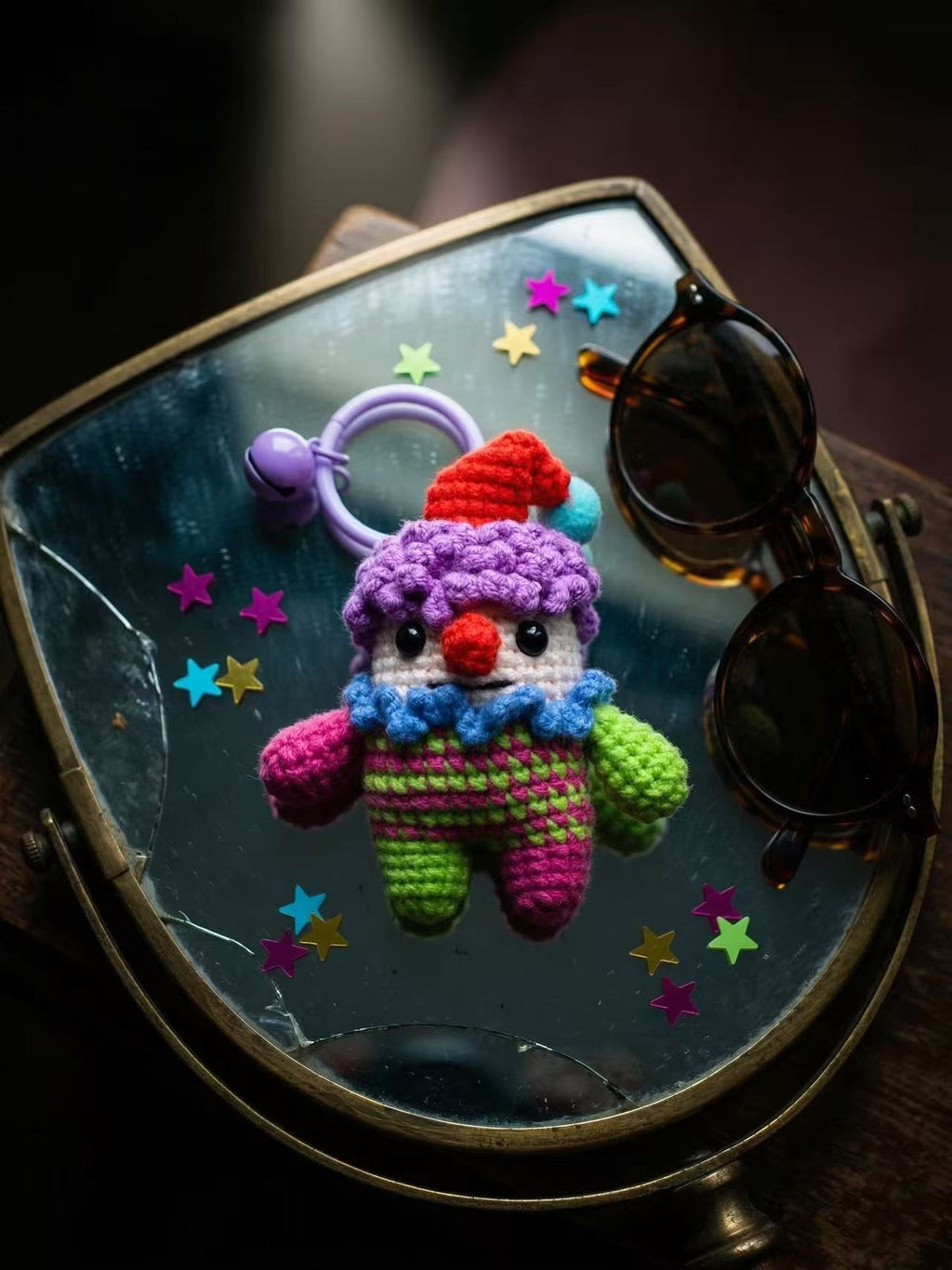 Crochet Clown Charm, Handmade Kawaii Amigurumi Circus Keyring, Purple Bell Accessory