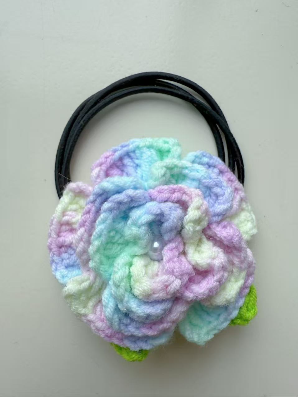 Hand-Crocheted Rose Hair Tie, Pastel Boho Scrunchie, Floral Ponytail Holder