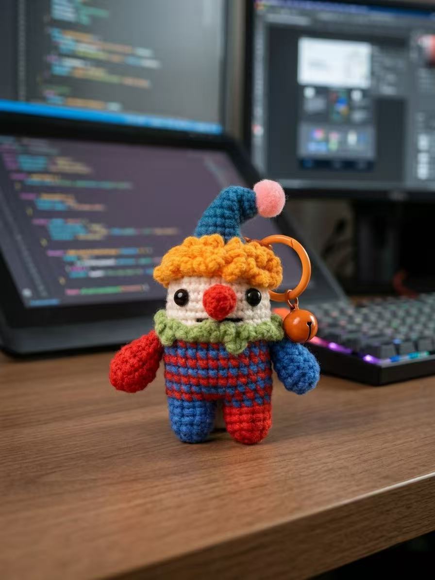 Handmade Crochet Clown Bag Charm with Jingle Bell – Whimsical Amigurumi Keychain Accessory