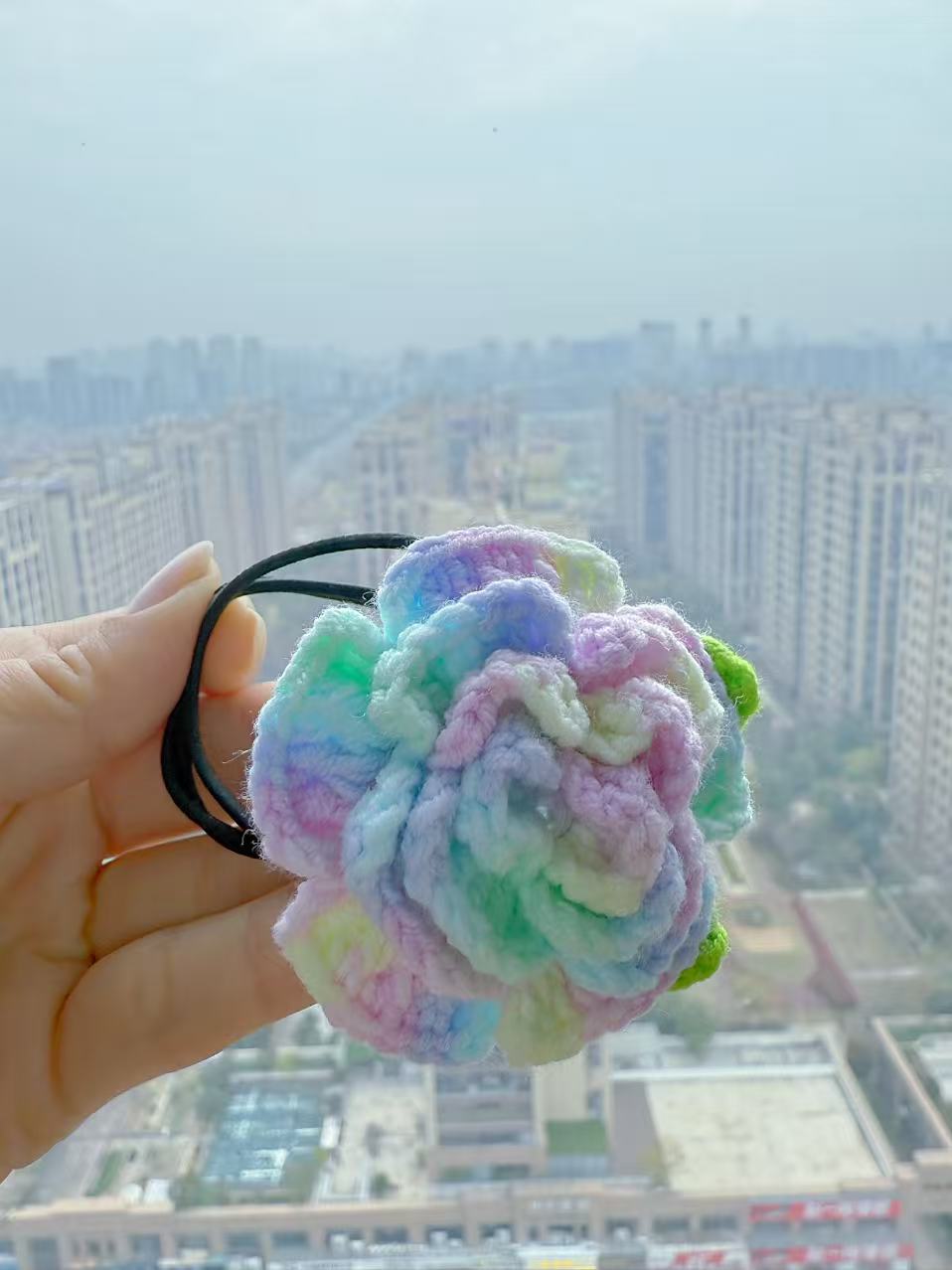 Hand-Crocheted Rose Hair Tie, Pastel Boho Scrunchie, Floral Ponytail Holder