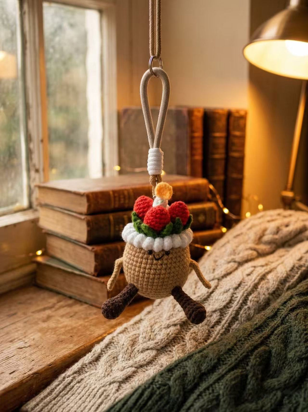 Handmade Crochet Strawberry Cake Bag Charm, Kawaii Amigurumi Cake Keychain, Birthday Gift for Her, Car Rearview Mirror Hanging Ornament