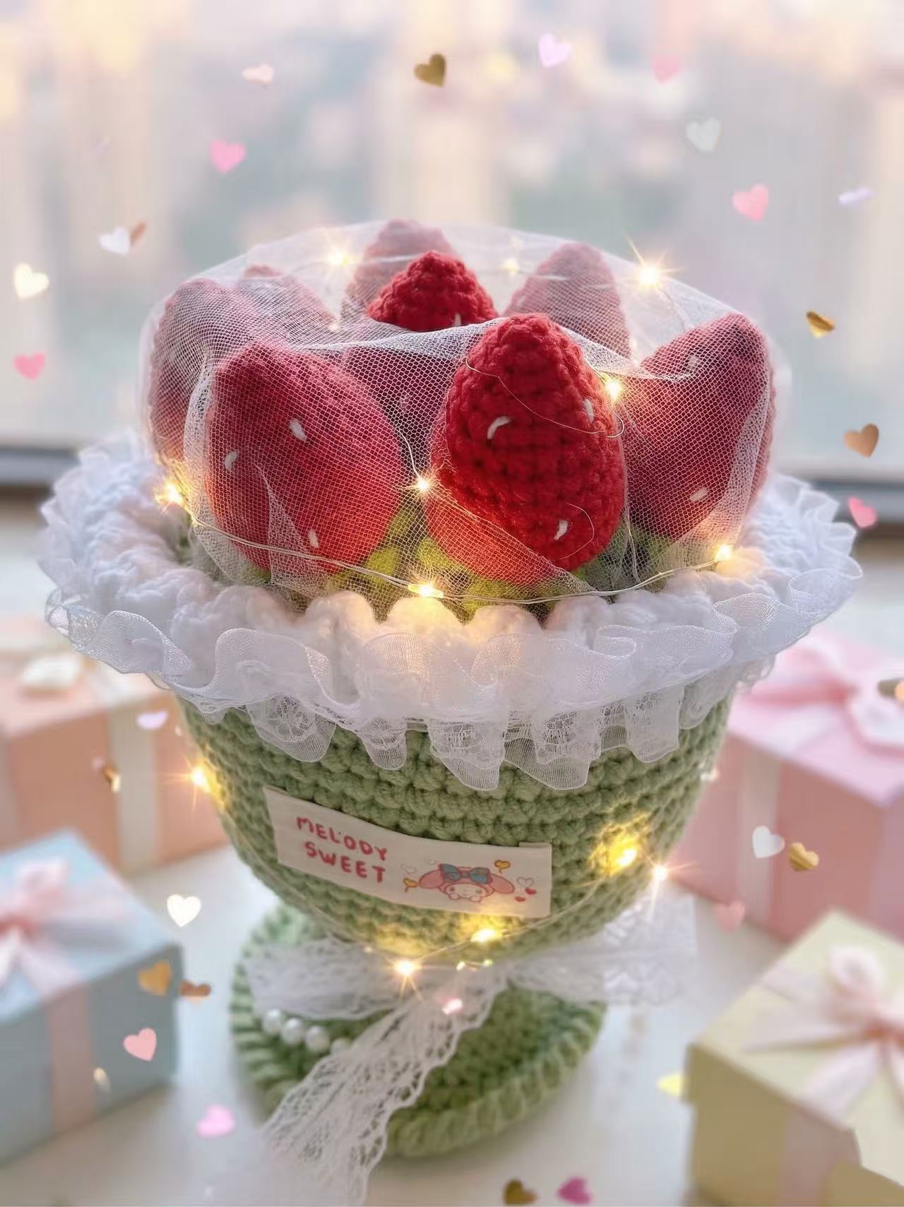 Handmade Crochet Strawberry Bouquet in Pot, Amigurumi Potted Plant, Mother's Day Gift, Cute Desk Decor, Anniversary Gift, Knitted Flower